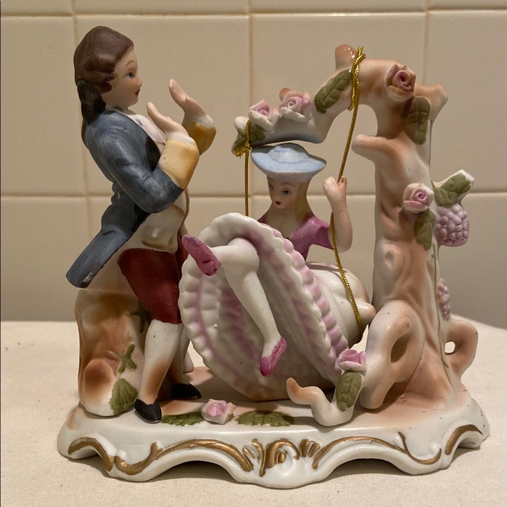 🌺Vintage Porcelain couple on swing with Blue and Pink Accents